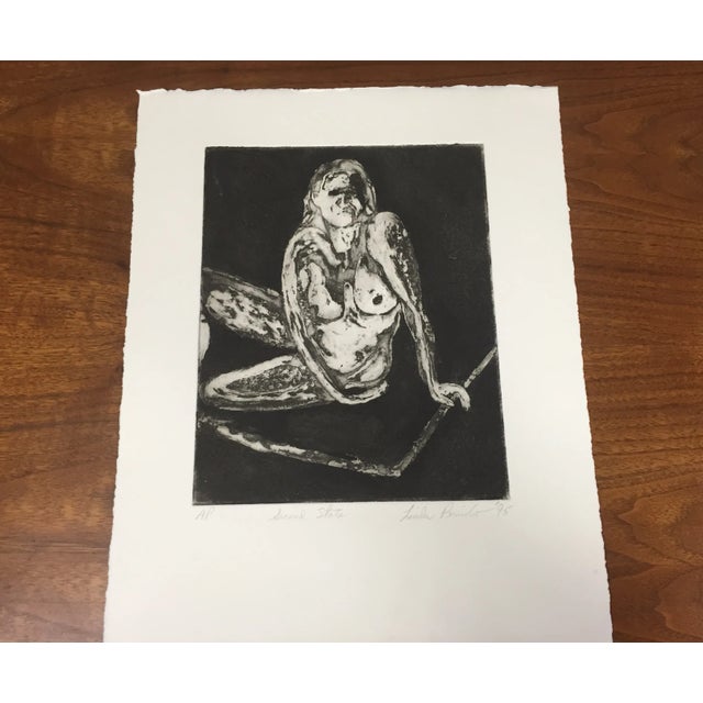 A mid century style impressionist nude block print signed and dated by Linda Pericolo.
