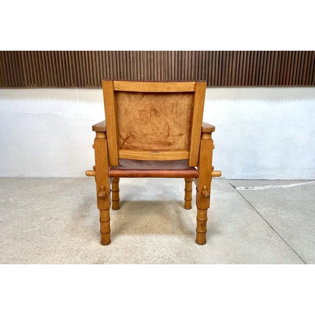 South American Brutalist Leather & Oak Safari Chair, Colombia, 1960s For Sale - Image 11 of 13