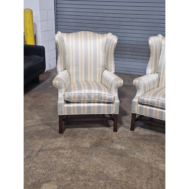 Chippendale Mid 20th Century Pair Mahogany Chippendale Style Armchairs Wing Chairs Blue Silk Striped Fabric For Sale - Image 3 of 11