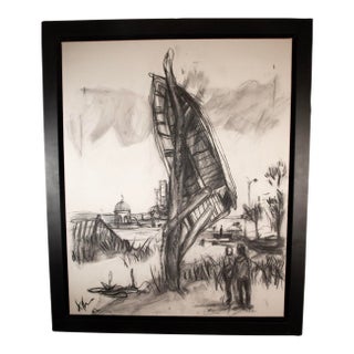 Kcho (Alexis Leyva Machado) Charcoal on Canvas Boat Scene – 37” H X 30 ½” W For Sale