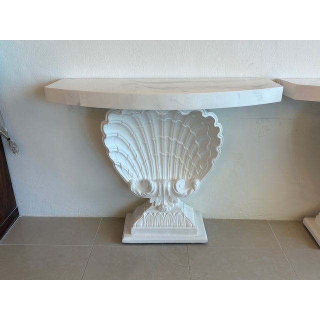 Grosfeld House Seashell Shell Scalloped Pair Demi Lune Wall Console Table Marble For Sale - Image 16 of 18