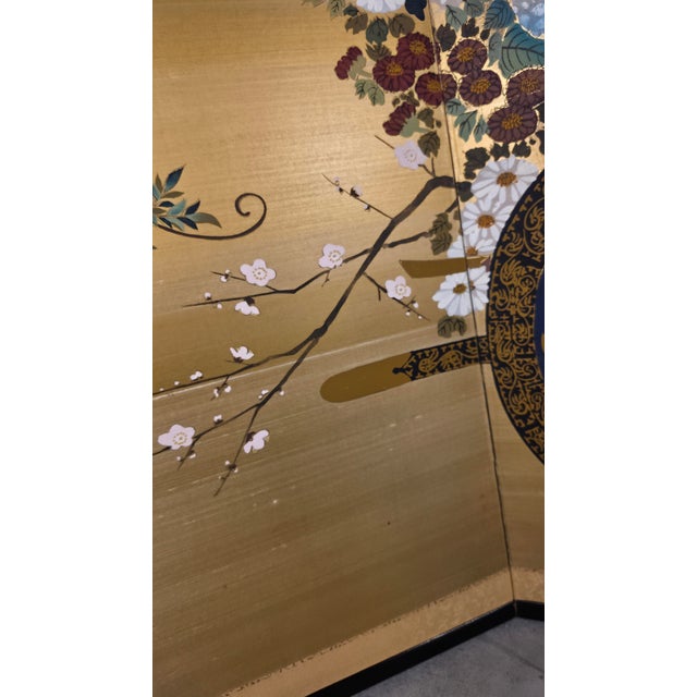 Wood Attributed Okuda Hōgen (Hōen) Japanese Hanaguruma Four-Panel Byōbu Folding Screen on Gold Silk, Early 20th Century For Sale - Image 7 of 16