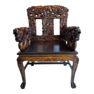 Early 20th Century Antique Chinoiserie Fruitwood Carved Dargon Armchair