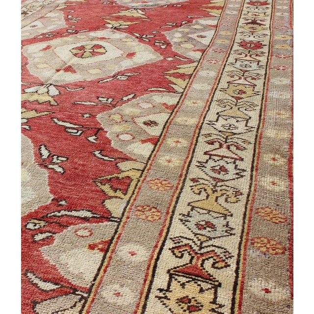 Red Background Vintage Turkish Oushak Runner in Gray, Cream, Yellow Colors For Sale In Atlanta - Image 6 of 8