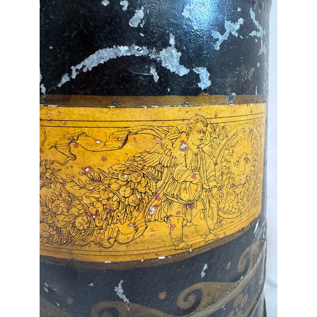 Antique English Tole Coal Helmet Scuttle, Beldray, Gilt Cherub Medallion, 24in For Sale - Image 4 of 13