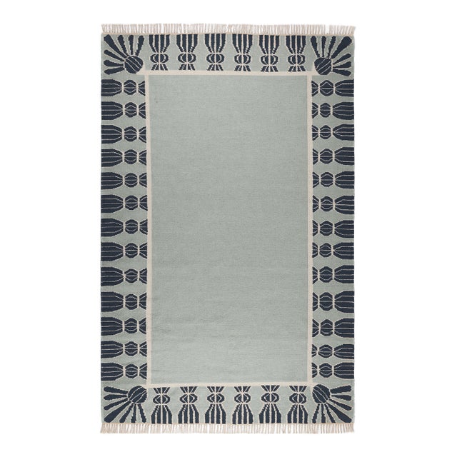 Part & Parcel Goods Wool Tassel Rug, 2’6” x 12', Sky Blue, Navy and Eggshell For Sale