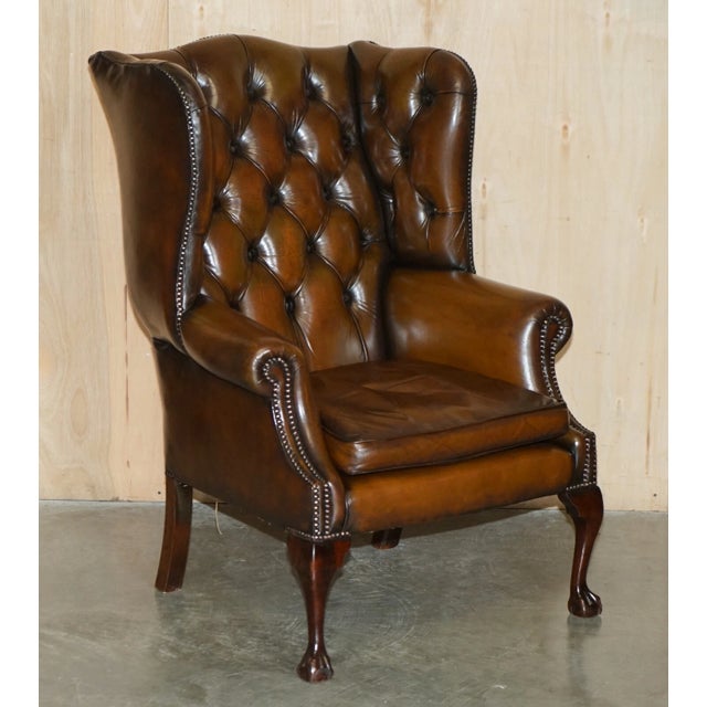 French Country Vintage Pair of Chesterfield Chestnut Brown Leather Wingback Armchairs & Footstools For Sale - Image 3 of 18