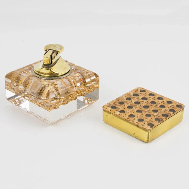 Lucite, Rattan and Brass Smoking Set Lighter and Box, 1970s For Sale - Image 13 of 13