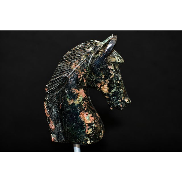 Emerald Horse Bust Statue Hand Carved Gemstone Horse Sculpture 2 For Sale - Image 10 of 12
