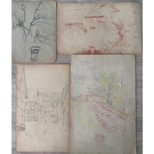 Heinrich Pforr, Landscape Village, Pencil on Paper, Set of 4, in Very Good conditions. Designed 1920 to 1949 This piece is...