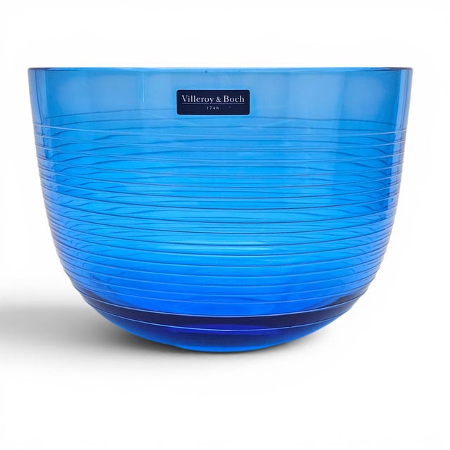 Glass Villeroy & Boch Conga White Swirl Cobalt Crystal Centerpiece Bowl 8.75" For Sale - Image 7 of 12