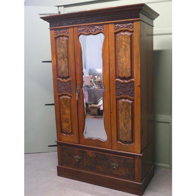 Victorian Arts & Crafts Wardrobe in Carved Walnut For Sale - Image 3 of 8