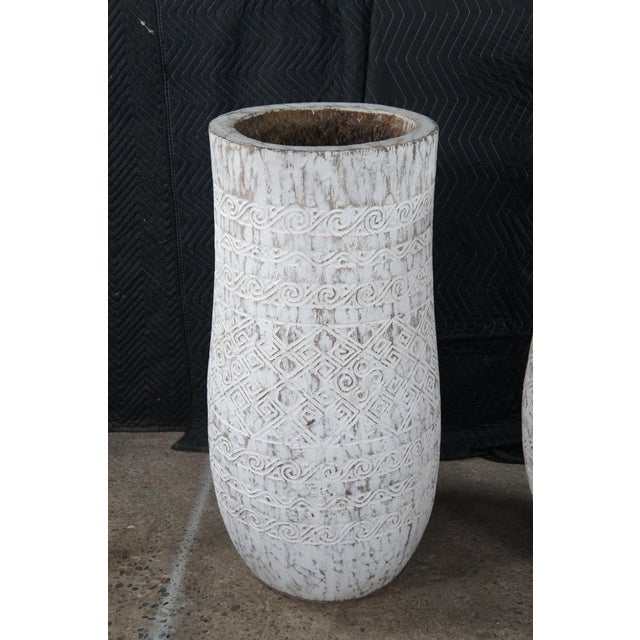 Late 20th Century 2 Bohemian Carved Palm Tree Trunk Planters Boho Chic Sculptural Vase Pair 40" For Sale - Image 10 of 12