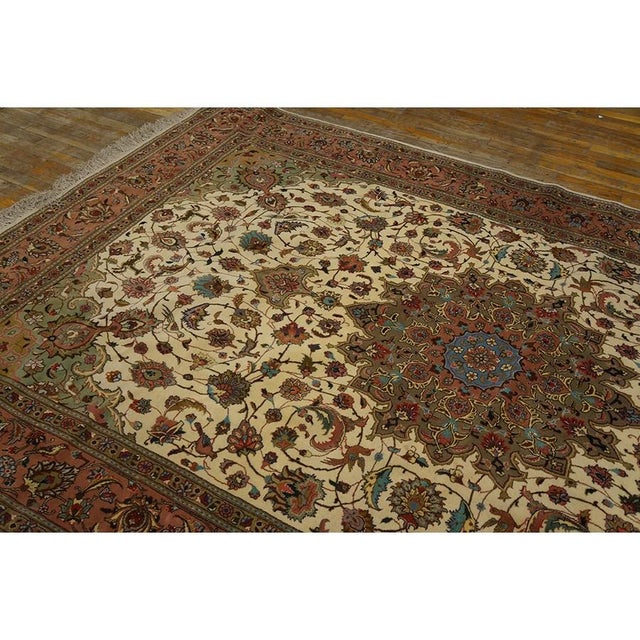 Mid-Century Modern 1940s Beige Mid Century Modern Medallion Tabriz Handknotted Silk Highlights Rug For Sale - Image 3 of 7