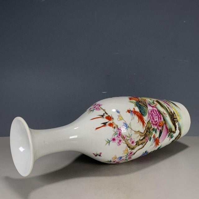 White Vintage Chinese Famille Rose "Pheasant & Peonies" Vase With Poem, Jurentang Mark For Sale - Image 8 of 9