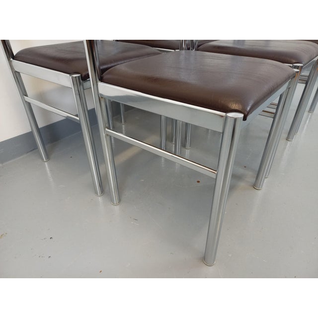 Vintage Chairs in Chromed Metal and Brown Imitation Leather, 1970s, Set of 6 For Sale - Image 10 of 18