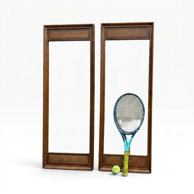 1960s Pair of Large Mid-Century Modern Walnut and Cane Wall Mirrors by R-Way Furniture For Sale - Image 5 of 13