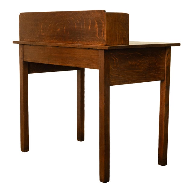 All original antique American Gustav Stickley quarter-sawn oak postcard desk, circa 1902. This authentic early Mission...