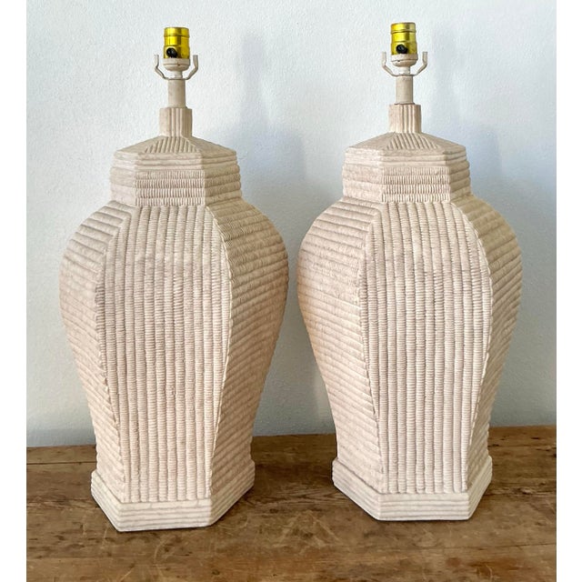 Cream Vintage Boho Ceramic Woven Rattan Lamps - A Pair For Sale - Image 8 of 10