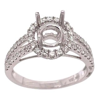 18 Karat White Gold Round Engagement Ring Setting Diamond Halo and Two Row Band For Sale