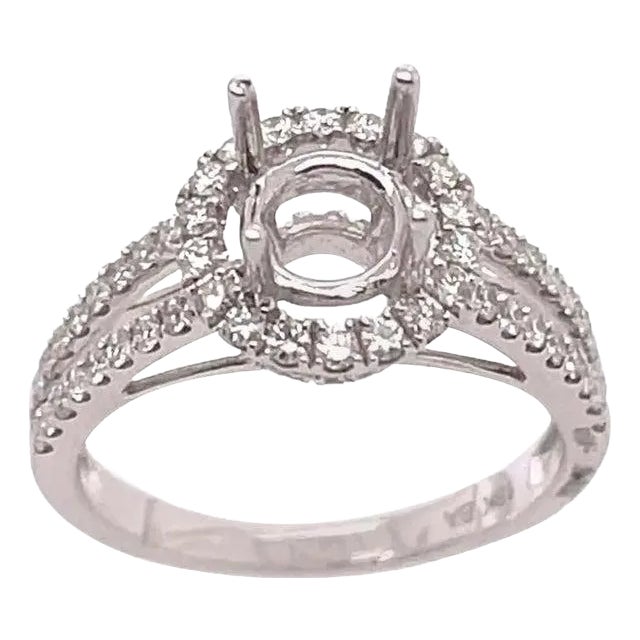 18 Karat White Gold Round Engagement Ring Setting Diamond Halo and Two Row Band For Sale