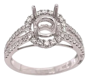 18 Karat White Gold Round Engagement Ring Setting Diamond Halo and Two Row Band