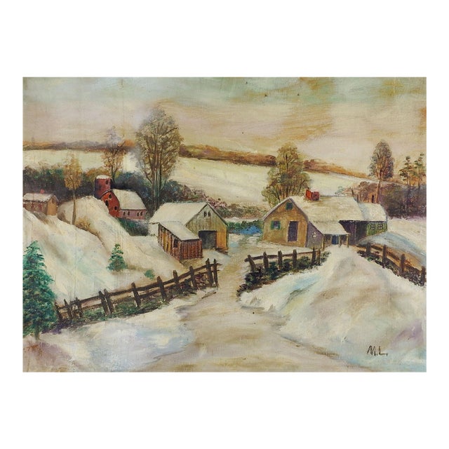 Early 20th Century Folk Art Farm in Snowy Winter Landscape Painting For Sale