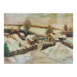 Early 20th Century Folk Art Farm in Snowy Winter Landscape Painting