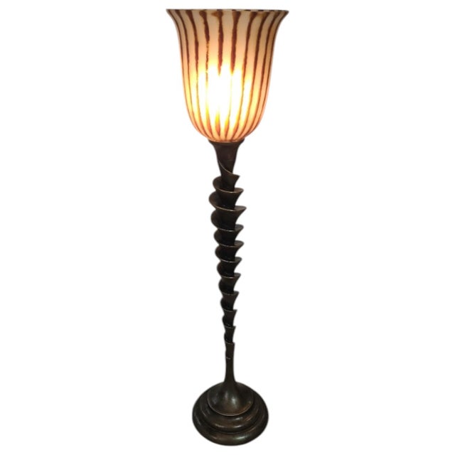 Glass Spiral Cut Bronze Toned Torchiere Buffet Lamps With Tiger Striped Amber Glass Shades - A Pair For Sale - Image 7 of 13