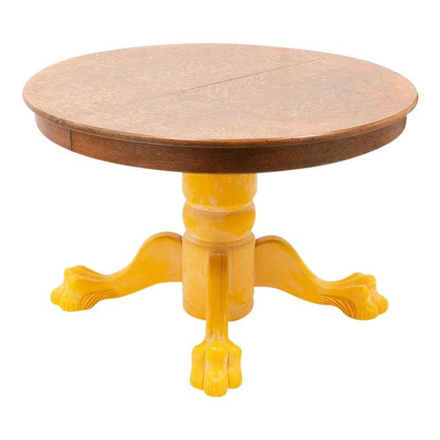 Antique Stickley Style Yellow Painted Quarter-Sawn Oak Round Dining Table With Claw Feet For Sale