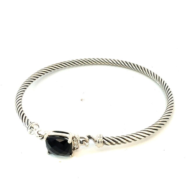 Traditional 1990s David Yurman Onyx and Diamond 3 mm Cuff Bracelet Silver Estate For Sale - Image 3 of 7