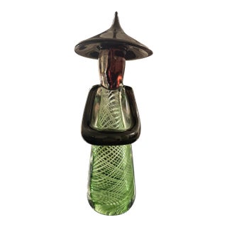 1960s Rossi Murano Latticino Glass Asian Chinese Man 10" Signed Green & Black Italy For Sale