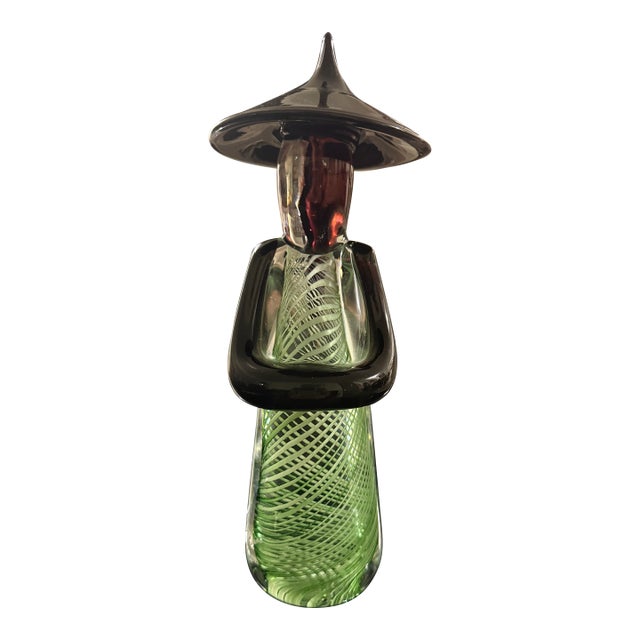 1960s Rossi Murano Latticino Glass Asian Chinese Man 10" Signed Green & Black Italy For Sale