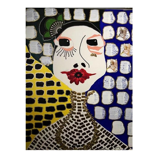 "Pinta"This Original Acrylic and Collage Character Portrait by Susan Cohen. It Is the Second Portrait of a Tryptich For Sale