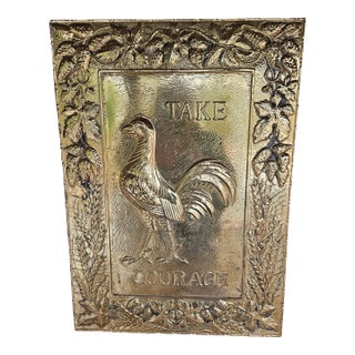 19th Century English Embossed Brass Plaque Rooster Take Courage For Sale