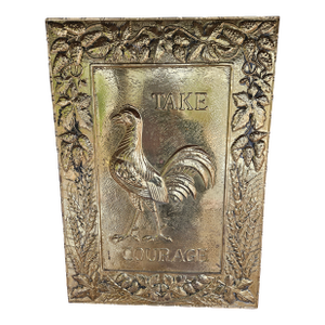 19th Century English Embossed Brass Plaque Rooster Take Courage