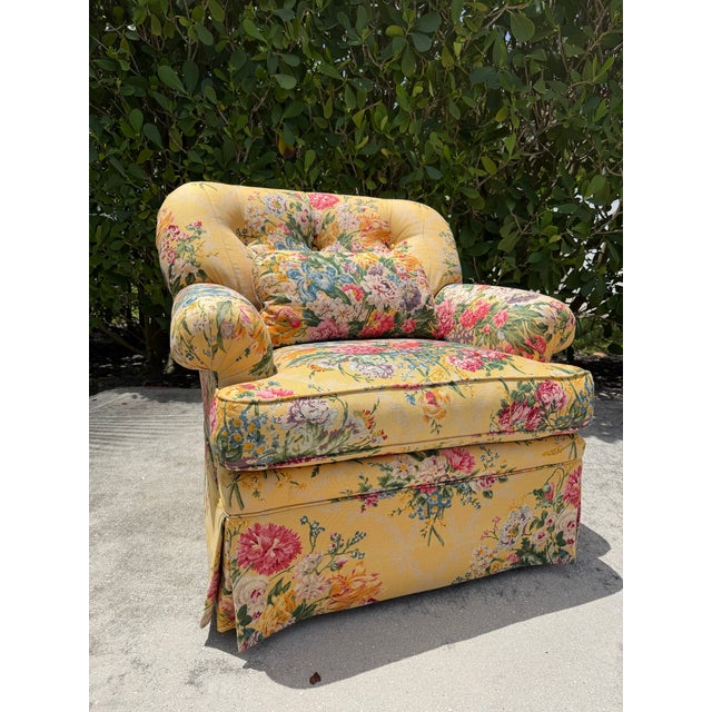 English Vintage Sherrill Floral Upholstered Swivel Lounge Chair For Sale - Image 3 of 12
