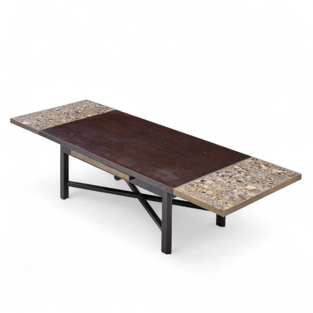 Edward Wormley for Dunbar Mid Century Walnut Stone and Brass Expanding Coffee Table For Sale - Image 9 of 10