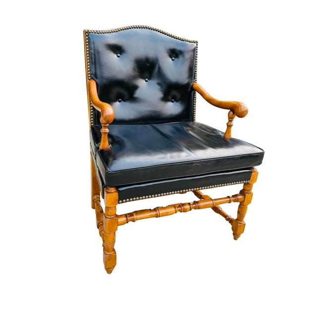 Vintage Barnard & Simonds Black Leather Armchair | 1960s American Traditional | Button-Tufted Leather & Bobbin-Turned Wood For Sale - Image 6 of 18