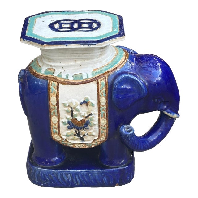 Chinese Ceramic Elephant Garden Seat, Cobalt Blue With Turquoise Accents For Sale