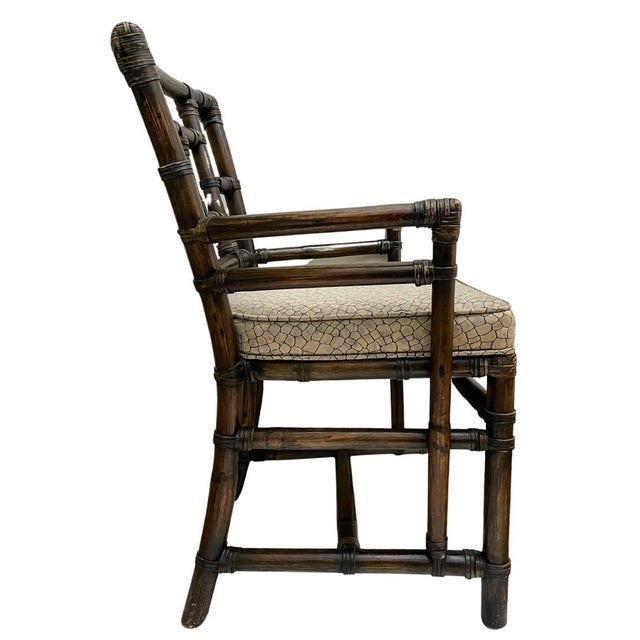 Wood Vintage McGuire Chinese Chippendale Leather Wrapped Rattan Armchairs - A Pair For Sale - Image 7 of 10