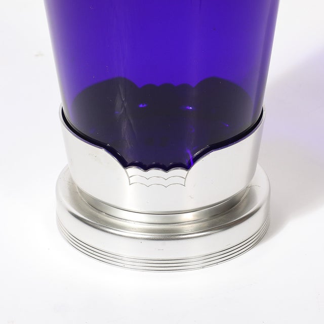 Glass 1930s Art Deco Ice Bucket in Blue Glass W/ Aluminum Base & Tongs Signed Kensington For Sale - Image 7 of 16