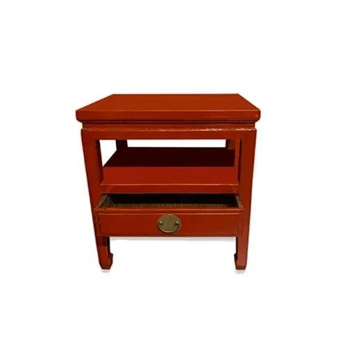 Asian red lacquer end table is made out of elm wood. It has 1 drawer. It is good for side table, and storage