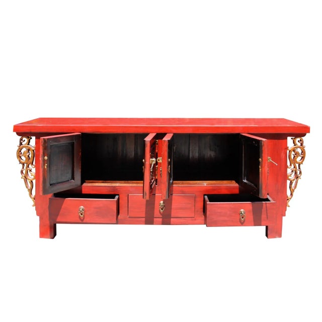 2020s Chinese Distressed Red Dragon Motif Tv Console Table Cabinet For Sale - Image 5 of 6