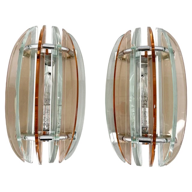 Italian Murano Glass & Chrome Sconces by Veca, 1970s, Set of 2 For Sale