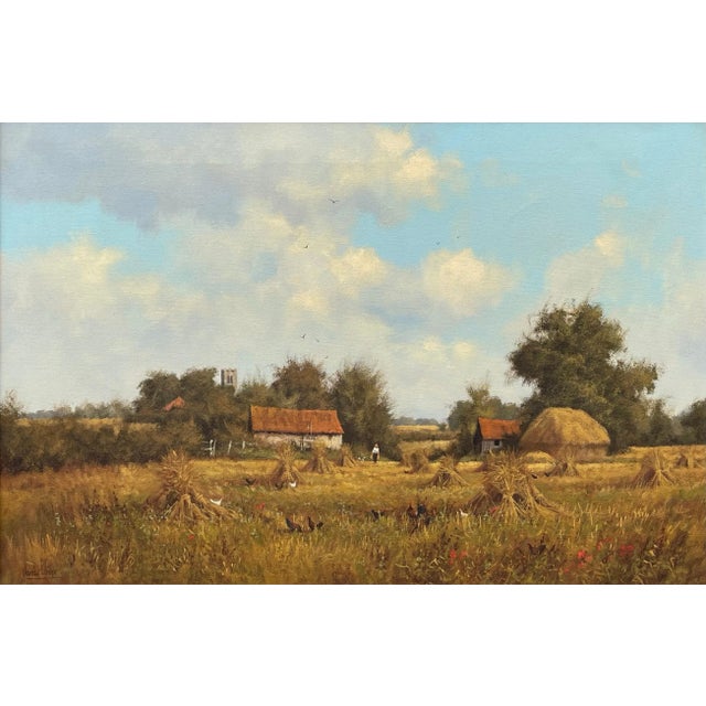 Farm Scene with Haystacks in the English Countryside by British Landscape Artist, James Wright. Signed, Original, Oil on...