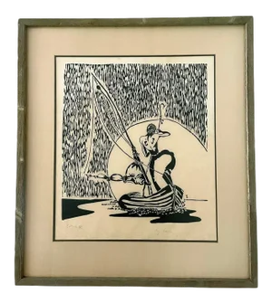 1970s "Boatman" Nautical Woodcut Print on Parchment, Framed