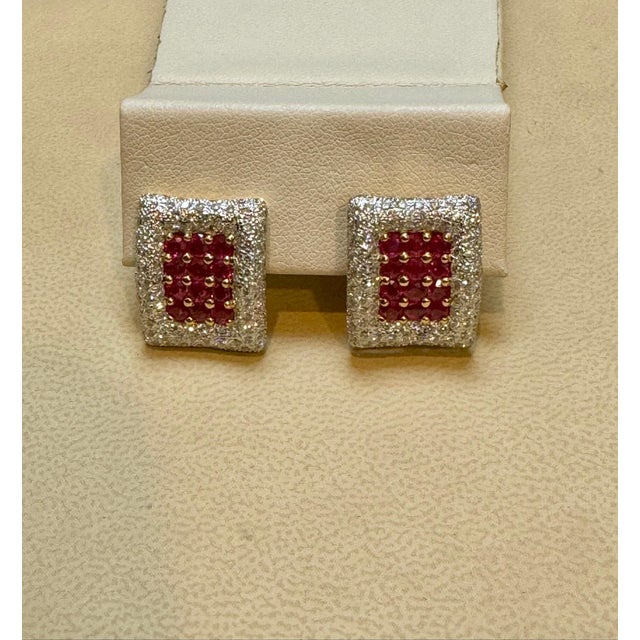 Gemstone Estate 3 Ct Ruby & 3 Ct Diamonds Square Post Earrings 18 Karat Yellow Gold 13.5G For Sale - Image 7 of 18