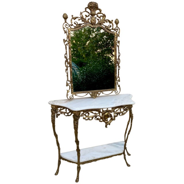 Gold Louis XV Rococo Style Brass Console and Mirror, 1920s, Set of 2 For Sale - Image 8 of 8