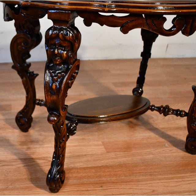 1920 Antique French Carved Figural Walnut & Satinwood Coffee Table With